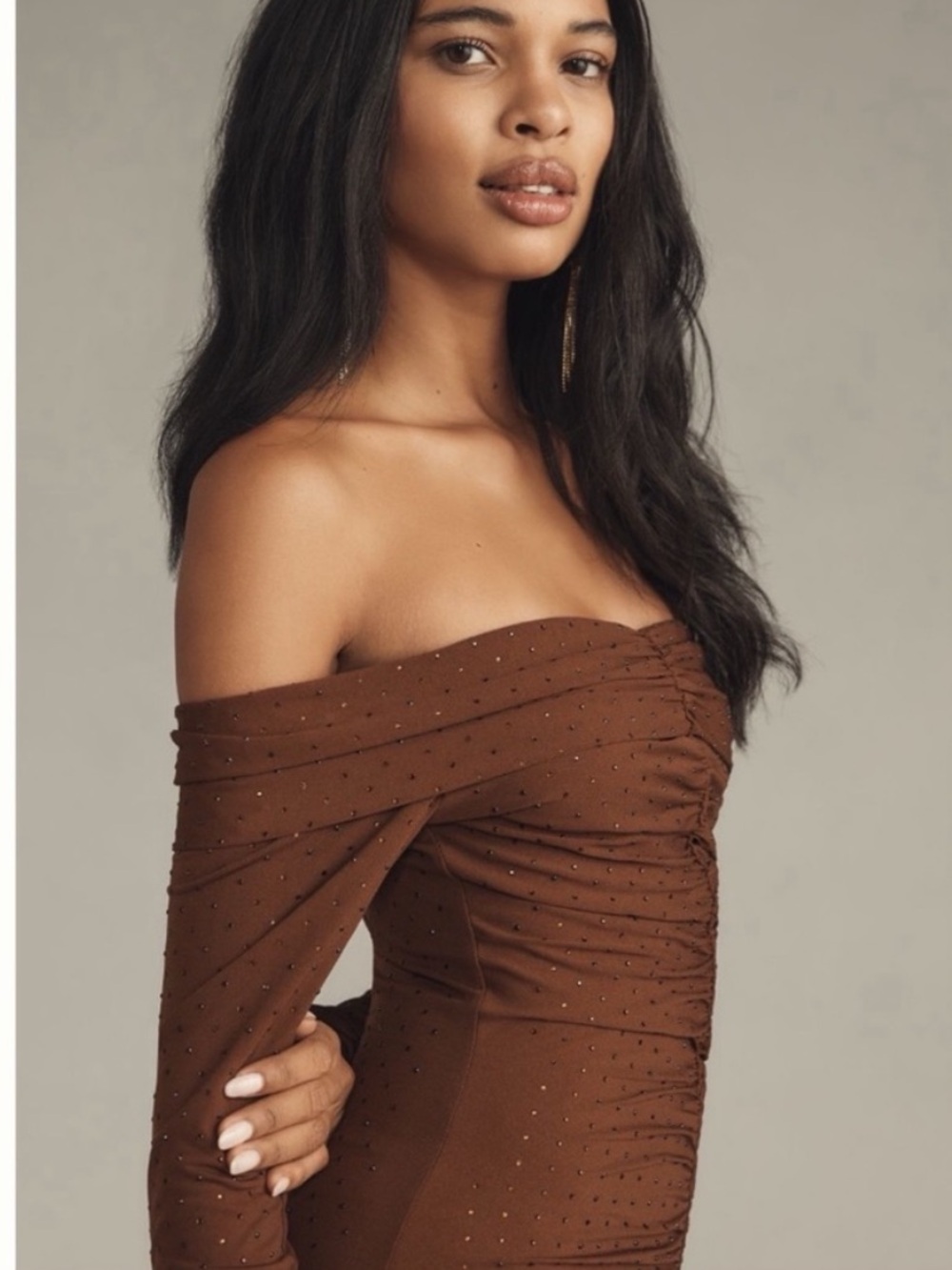 Anthro Bardot Artura Diamante Fitted Off shoulder Ruched Maxi Dress Event Dates - Picture 5 of 15
